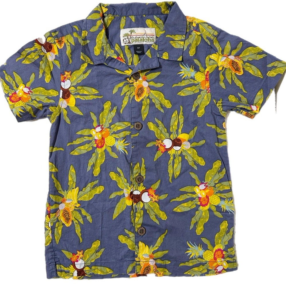 Pataloha Patagonia Toddler Kids Boy’s Button Up Shirt - Blue Green Fruits Leaves